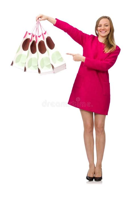 Shopper Girl In Pink Dress Holding Plastic Bags Isolated On Whit Stock Image Image Of Pink