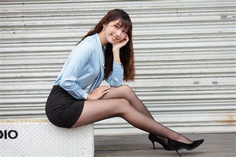 dark hair short skirt long hair sitting 4k black heels asian model nylons women blouse