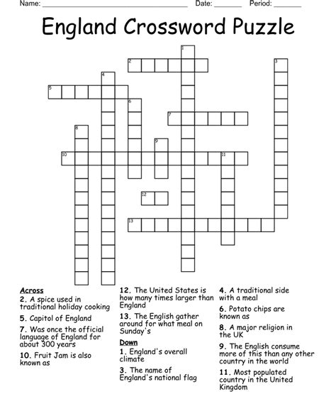 England Crossword Puzzle - WordMint