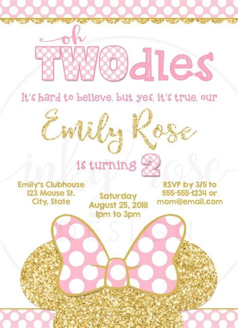 Oh Twodles Pink And Gold Minnie Mouse Invitation 2nd Birthday