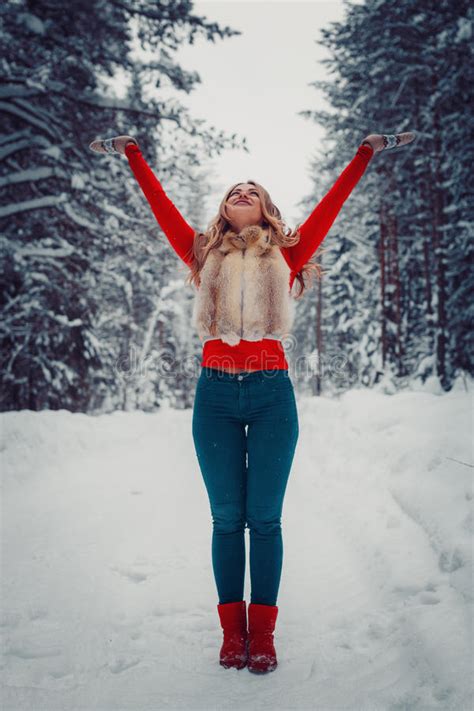 Photo Charming Naughty Girl Outdoors In Winter With Snow Action Stock