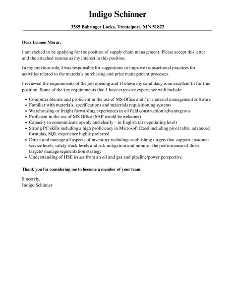 Supply Chain Management Cover Letter Velvet Jobs