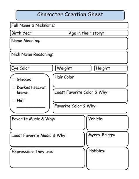 Character Creation Sheet For Writers Printable Worksheets