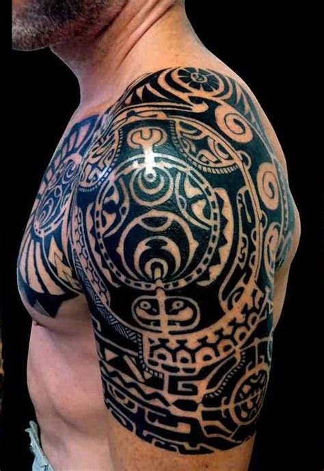 Dark Black Tribal Polynesian Tattoos On Chest And Half
