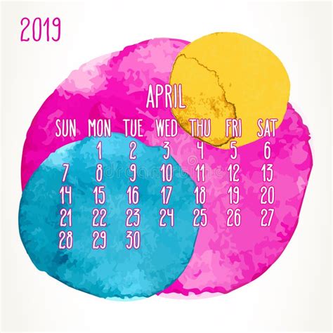 Year 2019 Colorful Watercolor Paint Monthly Calendar Stock Vector