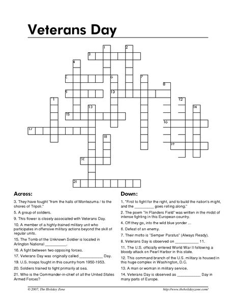 Veterans Day Crossword Puzzle Printable