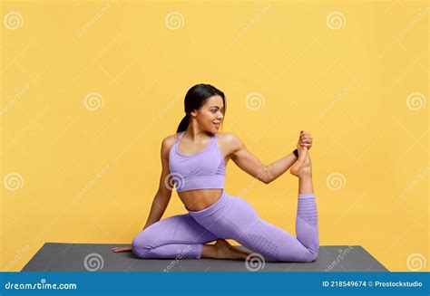 Healthy Lifestyle Black Woman Doing One Legged King Pigeon Pose
