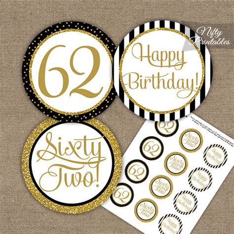 62nd Birthday Cupcake Toppers Black Gold Nifty Printables