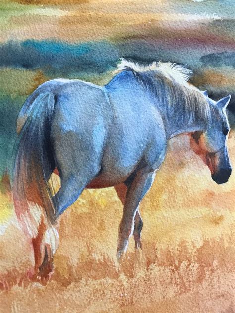 A Painting Of A Blue Horse In A Field