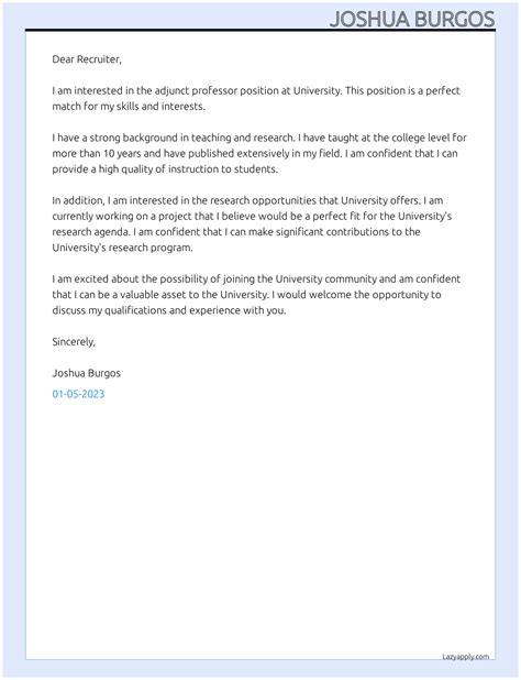 Cover Letter For Adjunct Professor Lazyapply