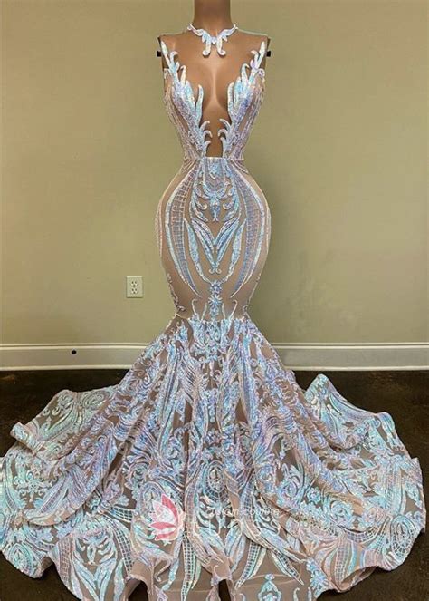 Iridescent Sequin Plunging Long Mermaid Prom Dress Source By