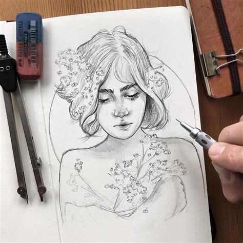 Pencil Drawing Flower Girl By Florian Erb 19 Full Image