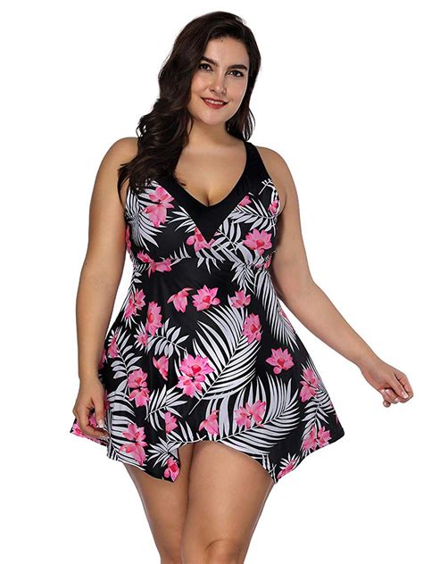 Womens Plus Size Floral Print Halter Swimdress Style Swimsuit Tankini
