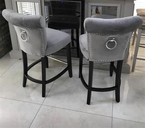 New grey velvet swivel bar stool with lion knocker and diamond stitching. Velvet bar chairs / stools with knocker back and stud ...