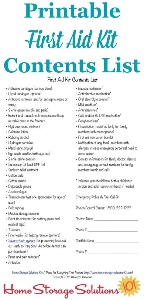 First Aid Kit Checklist Template Free