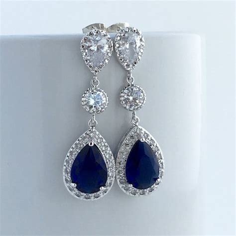 Blue Sapphire Wedding Crystal Earrings Bridal Cubic Zirconia Etsy