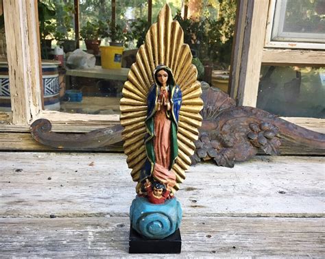 Carved Wood Mother Mary Santos Bulto Virgen De Guadalupe Statue Our