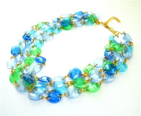 Statement Necklace Handmade Of Recycled Plastic Bottles In Blue And Green