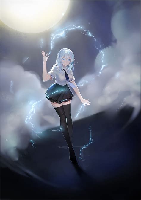 Anime Girl Magic Lightning Moon Clouds White Hair Anime Hd
