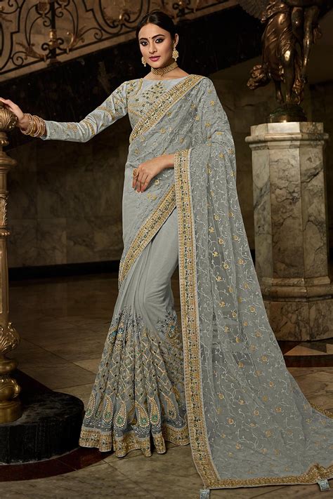 Buy Silver Grey Embroidered Net Saree Online Like A Diva