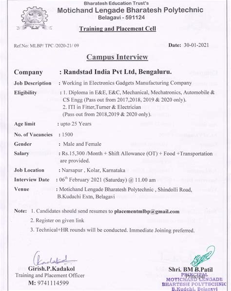 Iti And Diplpma Job Campus Interview For Randstad India Pvt Ltd