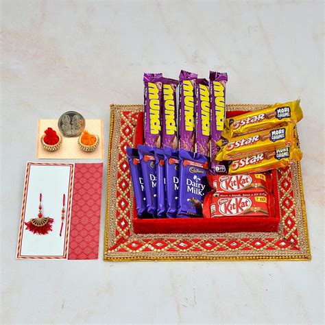 Set Of 4 Chocolates With Rakhi Thali Rakhi Chocolate Thali