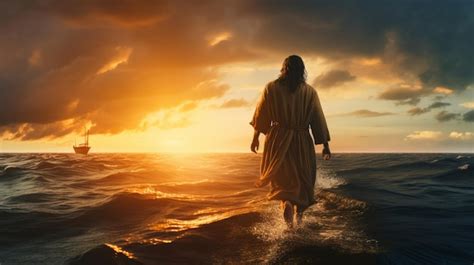 Premium Ai Image Jesus Christ Walking Towards A Boat On Stormy Sea At
