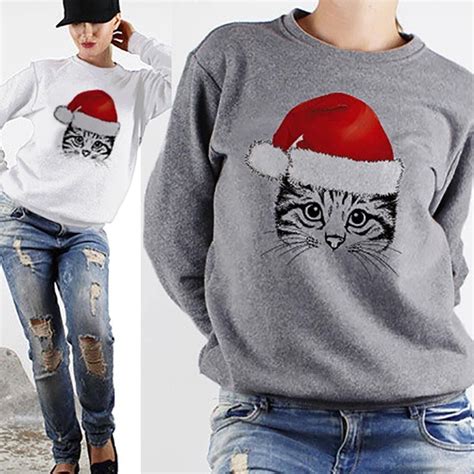 Women Casual Long Sleeve Christmas Cat Print O Neck Sweatshirt Tops