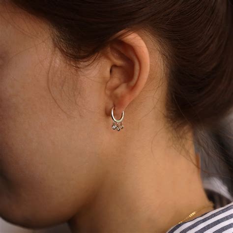 Huggie Hoop Earrings With Three Diamond Dangle Charms 14K Gold 11mm