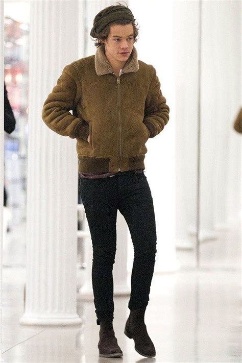 Focusing on styling grey suede chelsea boots in today's getting dressed video, with regard to fit, color, and smaller details. Harry Styles wearing Olive Shearling Jacket, Black Skinny ...