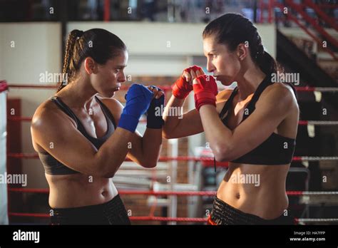 Female Boxers Fighting In Boxing Ring Stock Photo Alamy