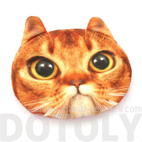 Ginger Tabby Kitty Cat Face Shaped Soft Fabric Coin Purse Make Up Bag
