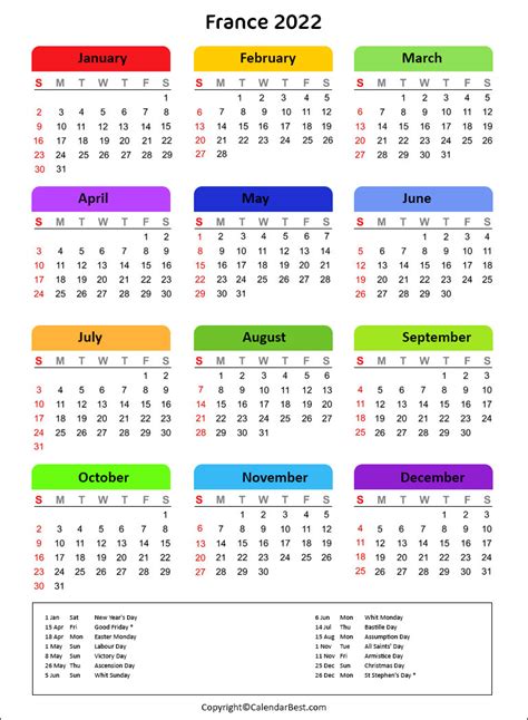 Free Printable France Calendar 2022 With Holidays