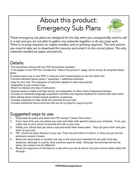 Emergency Sub Plans By Teach Simple