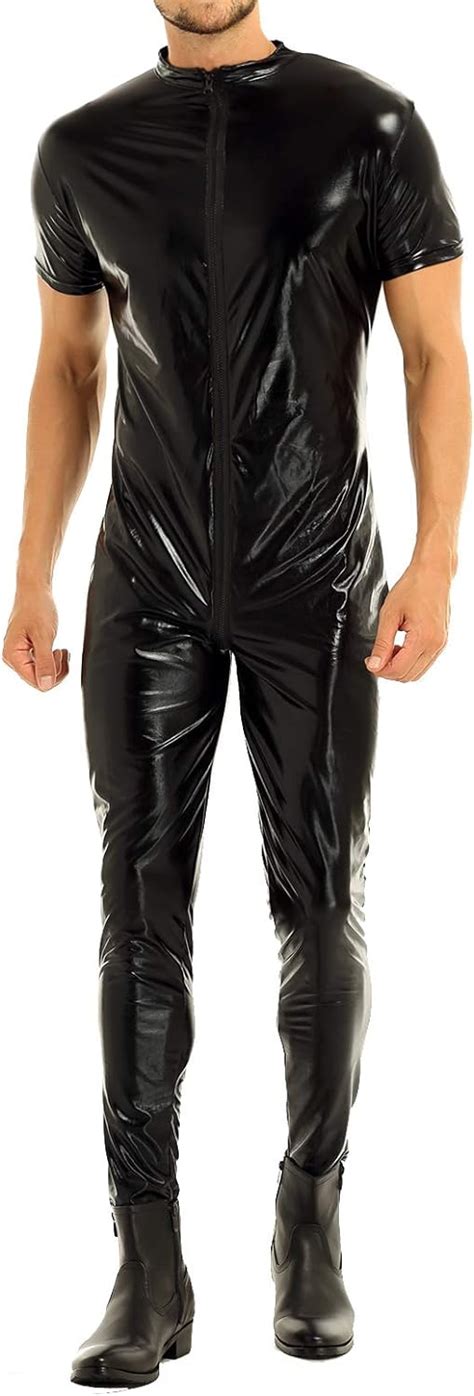 Buy Yizyif Sexy Mens Wet Look Leather Bodysuit Leotard Zipper Zentai Catsuit Costume Online At