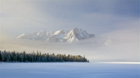 Idaho Mountain Lake With Snow And Fog In Winter Stock Photo Image Of
