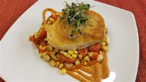 In The Kitchen Seared Atlantic Sea Bass With A Sweet Corn Succotash And Romesco Sauce Youtube