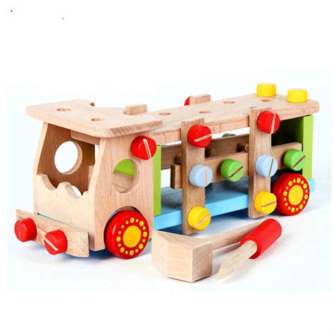 Wood Toys Educational Diy Assemble Screw Disassembly Car Knock Ball Toy