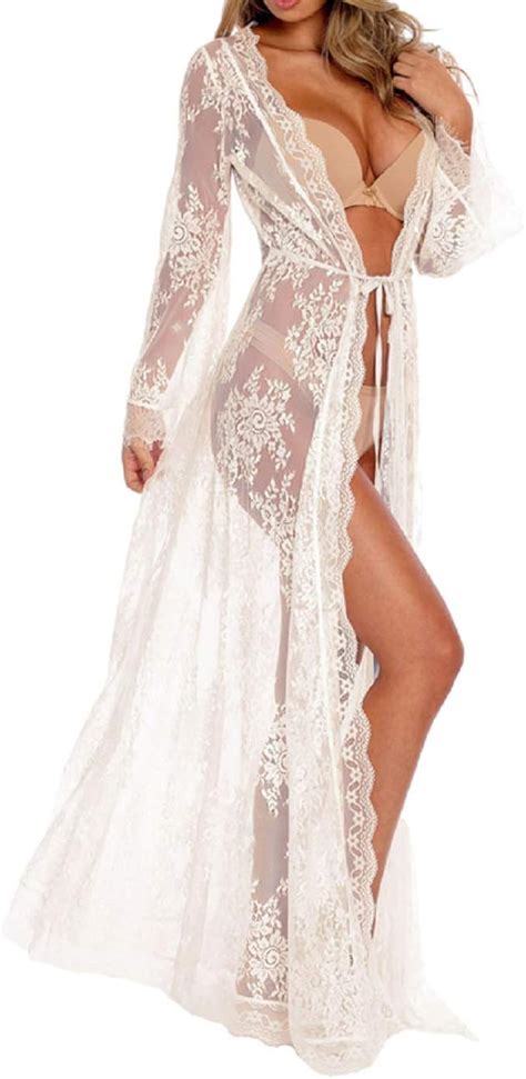 Amazon Com Women Sexy Long Lace Dress Sheer Gown See Through Lingerie Kimono Robe Nightgowns