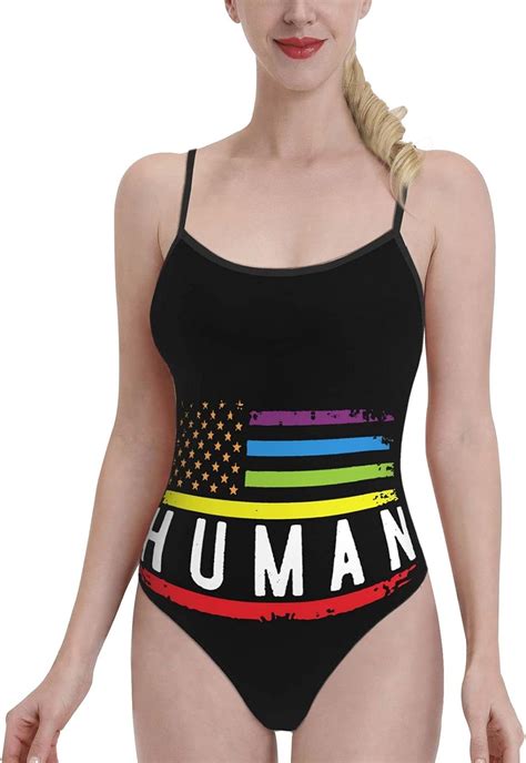 Amazon Com Lgbtq American Flag Gay Pride Human Gay Ally Us Flag Women S Swimsuit Strap One