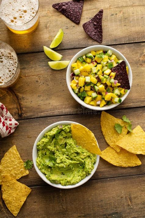 Tortilla Chips With Dips Guacamole And Salsa Stock Photo Image Of