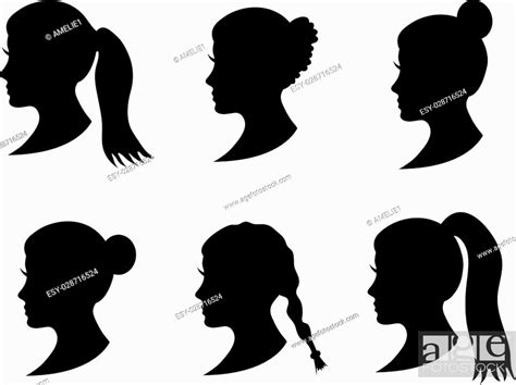 Set Of Black Silhouette Girl Head With Different Hairstyle Tail