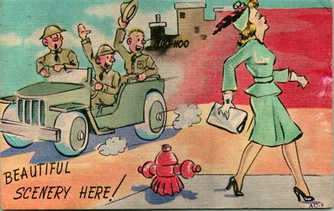 Vtg Linen Postcard Art Tone Army Comics Series Beautiful Scenery Here Topics Cartoons
