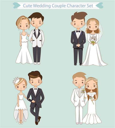 cute bride and groom in wedding dress cartoon character collection ...