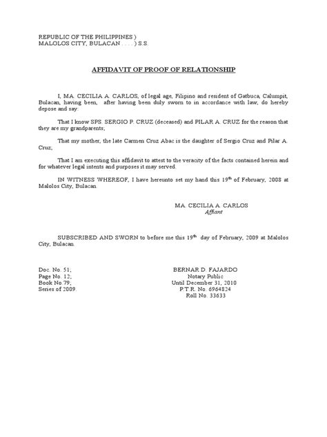 Affidavit Of Proof Of Relationship Pdf Affidavit Legal Communication