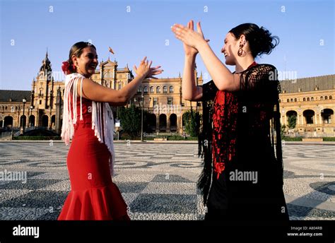 Spain Andalusia Sevilla Two Flamenco Dancers At Spain Square Stock