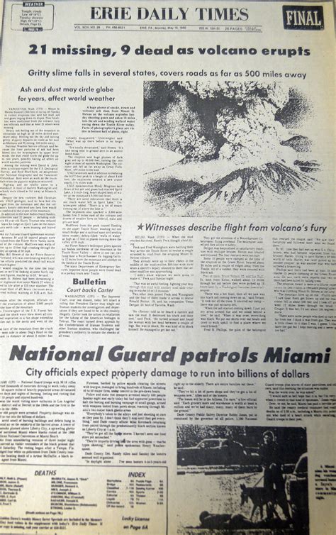 The Erie Daily Times Covers The 1980 Eruption Of Mount St Helens A Volcano In Washington State