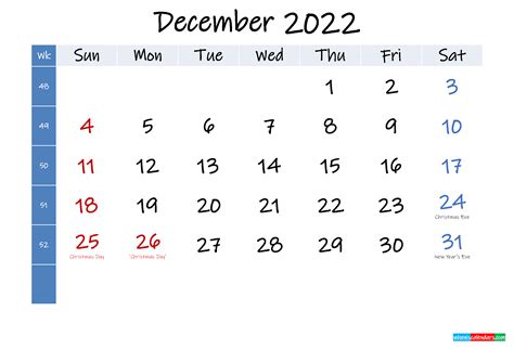 December 2022 Free Printable Calendar With Holidays Template K22m360