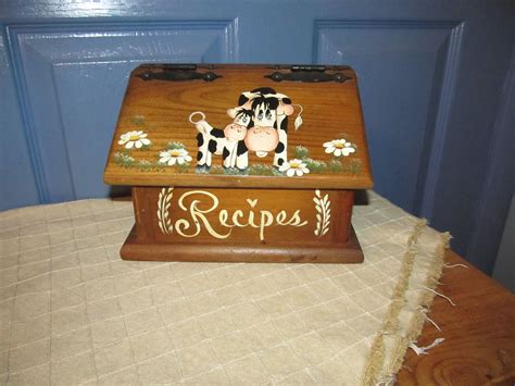 Vintage Hand Painted Cows Wood Wooden Recipe Index Box Folk Etsy