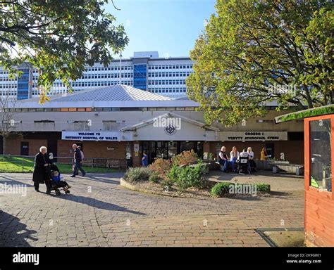 entrance university hospital of wales heath park cardiff city october 2022 autumn stock